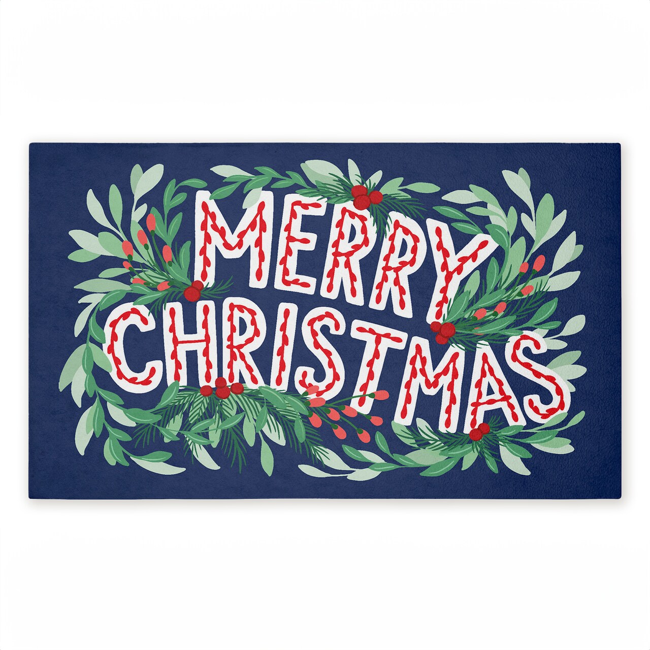 Merry Christmas & Greenery Printed Outdoor Door Floor Mat, 18x30, Made in USA - Holiday Ready